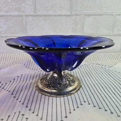 Cobalt Blue Glass Centerpiece Bowl Fluted Petal w/Silver Metal Grapes Base 8" W - Image 1 of 4