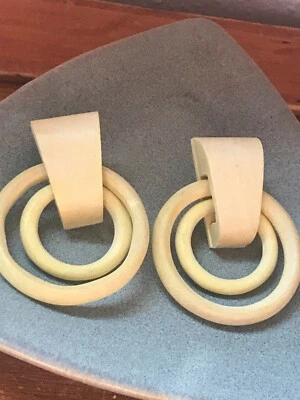 Estate Large Light Yellow Wood Door Knocker w Open Circles Dangle Post Earrings  - Image 1 of 4