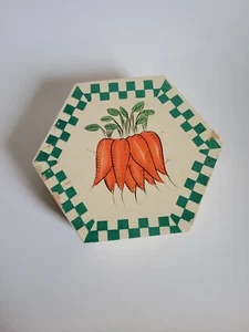 Vintage Hexagon Painted Wooden Hinge Lid Easter Bunny Carrots Storage Decor Box - Picture 1 of 12