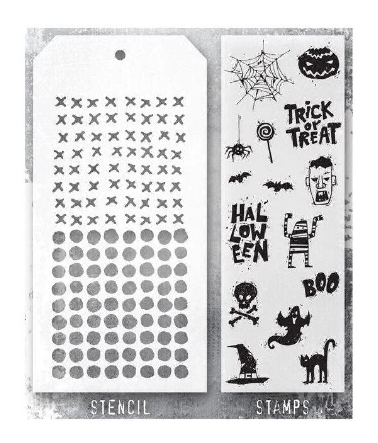 Tim Holtz - Selos e estêncil - Rabiscos assustadores de Halloween pontilhados e costurados - Novo - Imagem 1 de 1