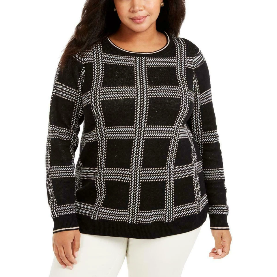Charter Club Plus Size Plaid Metallic Pullover Crew Neck Womens 0x Black Sweater