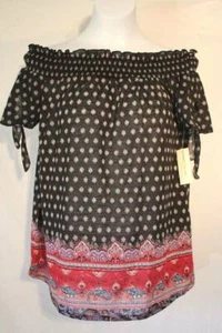 Damen-Bauernbluse Übergröße 2X Oberteil schwarz schulterfrei oder T-Shirt Krawatte Ärmel - Bild 1 von 3
