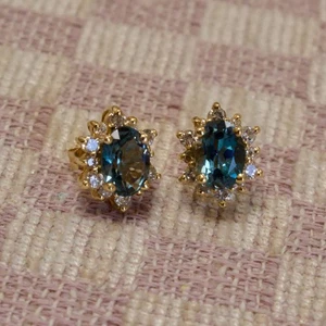 NEW 14K YELLOW GOLD 2.50 CARAT 7x5mm NATURAL TOPAZ & DIAMOND HALO STUD EARRINGS - Picture 1 of 6