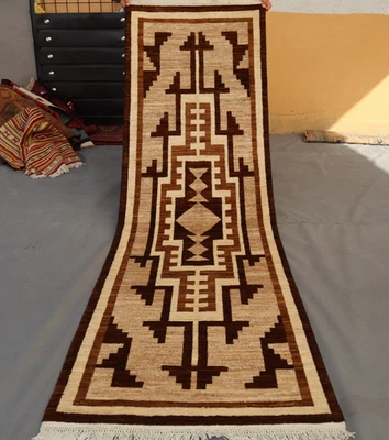 2x8 Modern Afghan Gabbeh Runner Rug in Cream & Brown Geometric Design– Soft Wool - Image 1 of 4