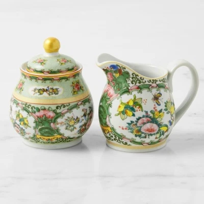 Williams Sonoma Famille Rose Porcelain Sugar & Creamer Set Fancy Flora & Fauna - Image 1 of 4