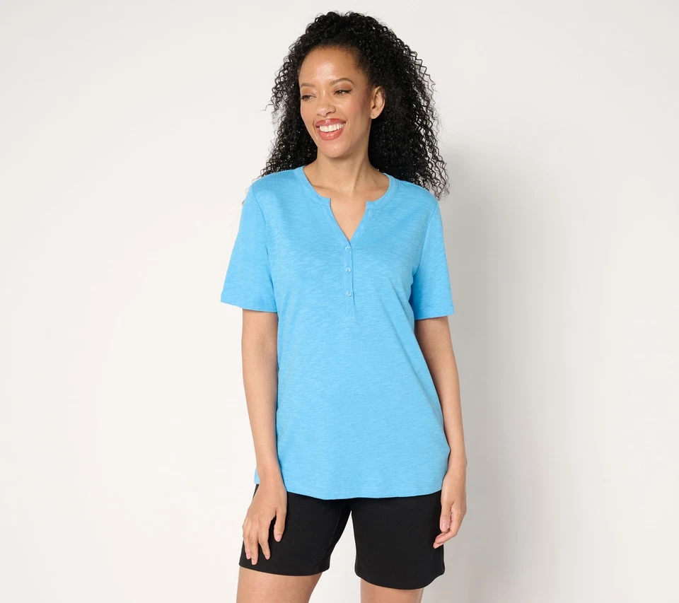 Blusa Henley Denim & Co. Essentials mistura de linho manga curta azul tranquilo 2X nova - Imagem 1 de 1