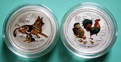 1/4 Oz Silber Lunar 2 2017 Hahn bzw 2018 Hund coloriert Münze 25 Ct farbig - Bild 1 von 4