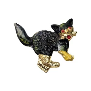Vintage Cat Pin Brooch Black Yellow Enamel Gold Tone Kitty - Picture 1 of 2