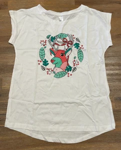 GIRLS Size 10 white Christmas sparkly reindeer  t-shirt NEW 6805 - Picture 1 of 2