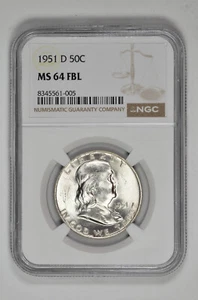 1951 D 50C Silver Franklin Half Dollar NGC MS 64 FBL White with New Holder - Picture 1 of 2