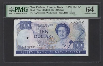 New Zealand 10 Dollars ND(1981-85) P172as "Specimen" Uncirculated Grade 64 - Image 1 of 2
