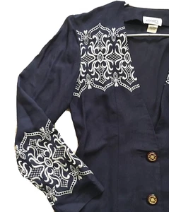 Vintage Womens Embroidered Button Blazer Navy Ivory S/M Small Affinity By Margos - Picture 1 of 11