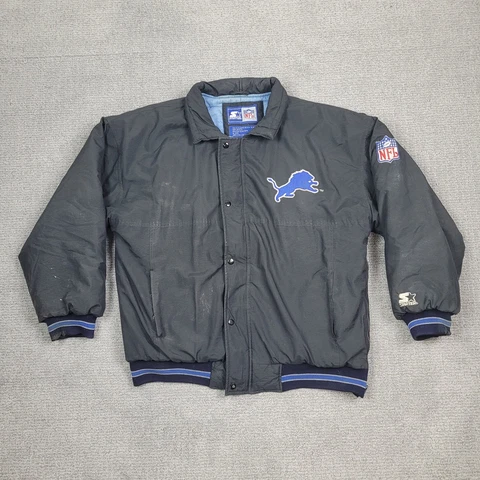 Vintage Detroit Lions Starter Jacket Mens Large Black Blue Cover