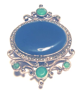 Vintage 2" Marcasite/CHRYSOPRASE STERLING 925 Teal Blue GEMSTONE PIN Signed TH - Picture 1 of 5