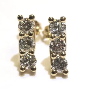 10k yellow gold 1.16ct I2 F 3 stone round natural diamond stud earrings 1.9g bar - Imagen 1 de 8