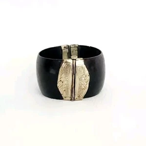 Vintage Ebony Wood And Silver Hinge Banding Cuffed Bracelet 7.5" - Picture 1 of 6