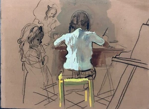 Beau Dessin ancien Jean Terles Enfant aux tresses attablée papier 1930 - Photo 1 sur 4