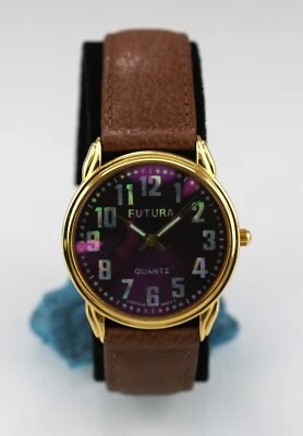 Reloj Futura Hombre Dorado Inoxidable St WR Batería Iridiscente Cuero Marrón Cuarzo Foto 1 de 4