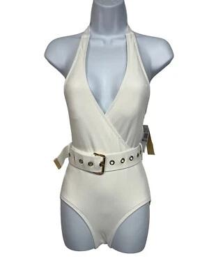 $ 134 Michael Kors Women White Belted Surplice Halter One-Piece Swimsuit Size 6 - Image 1 of 4