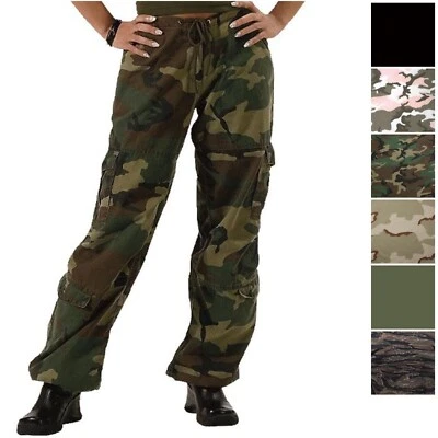 Women's Camo Paratrooper Fatigues Ladies Army Cargo Drawstring Tie Vintage Pants - Image 1 of 2