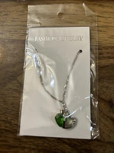Women 925 Sterling Silver Necklace 16” Chain Green Crystal Heart Pendant - Picture 1 of 8
