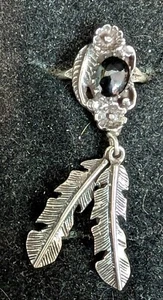 Vintage Damen Sterlingsilber Blatt & 2 Blumen & Hänger Feder schwarzer Onyx - Bild 1 von 7