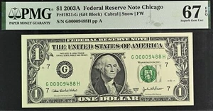 2003A $1 Federal Reserve Note PMG 67EPQ popular wanted low serial number 9488 - Picture 1 of 2