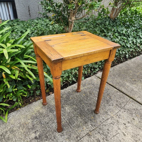 Antique Child's Lift-Top Solid Wood School Writing Desk Ink Well Dovetail Joints Cover