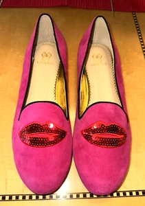 Magenta Pink Leather Suede Shoes Flats w/ Sequin Lips by Rara Avis Size 10M EUC - Picture 1 of 11