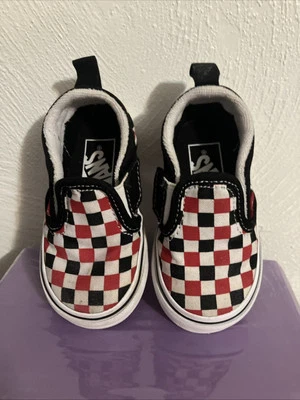 Vans Infante Niño Pequeño 4 Sin Cordones Gancho Lazo Lateral Cuadros Zapatos Rojo Negro Blanco Foto 1 de 4