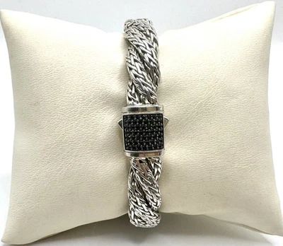 "Brazalete John Hardy de plata de ley tejido retorcido con broche de zafiro negro 7,5""" Foto 1 de 4