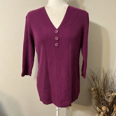 Dressbarn Knit Top Women Purple Ribbed V-Neck 3/4 Sleeve Button Accents Sz XL - Image 1 of 4