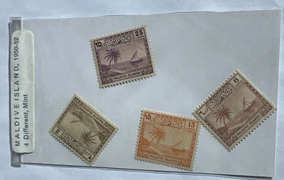 4 sellos postales diferentes raros de la isla de Maldivas 1950-52 en perfecto estado Foto 1 de 4