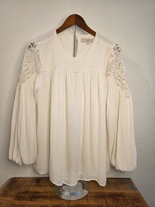 Loft Boho Chic Ivory Long Sleeve Lacy Shoulders Blouse Medium - Picture 1 of 6
