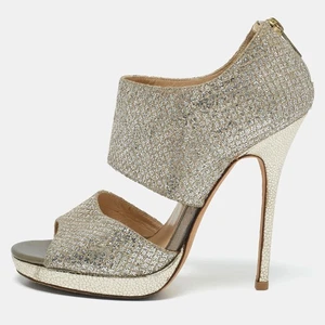 Jimmy Choo Metallic Silver Glitter Private Platform Sandals Size 37 - Picture 1 of 9