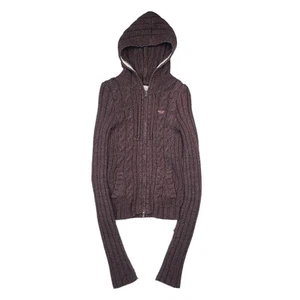 Vtg Hollister Women's Med Cable Knit Lambs Wool Skin Tight Hoodie Oversized Arms - Picture 1 of 12