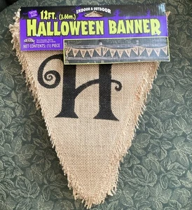 Happy Halloween Banner Sackleinen Girlande Party Deko Schwarz Buchstaben 12’ Neu - Bild 1 von 3