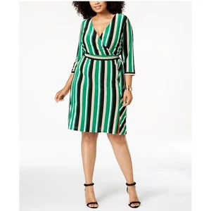 INC International Concepts Women Striped Green Black Faux Wrap Dress Sz 2X - Picture 1 of 7