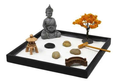 Mini Zen Garden Kit for Desk with Rake, White Sand, Buddha, Bridge Black Squa... - Image 1 of 4