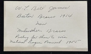 1955 Bill JAMES Signed Inscription 3X5 Karteikarte JSA 1914 Boston Braves Vg⚾️ - Bild 1 von 2