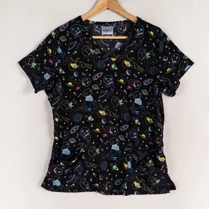 Strictly Scrubs Stretch Scrub Top Womens Sz Medium Black Outer Space Animals - Picture 1 of 8