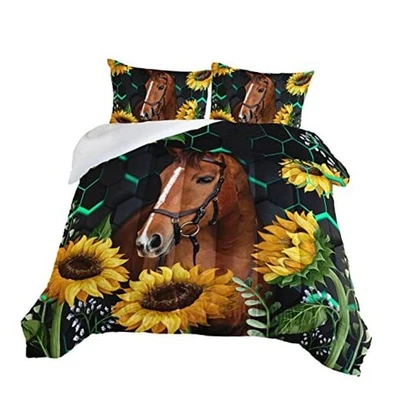  Ropa de cama de caballo para niñas, juegos de edredón tamaño estampado de animales en 3D doble marrón-verde Foto 1 de 4