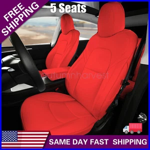 For 2020-2024 Tesla Model Y 5-Seat Cover Protector Cushion Set Faux Leather Red - Picture 1 of 13