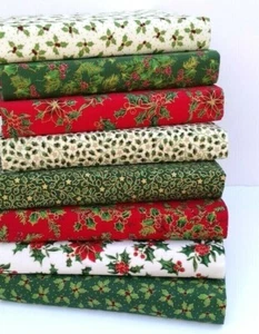 CHRISTMAS COTTON FABRIC BUNDLE MIXED HOLLY FAT QUARTERS & SQAURES CHOOSE SIZE - Picture 1 of 1