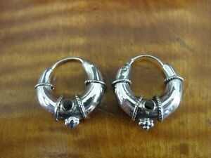 Hoops with Black Onyx Stones with Twist Sterling Silver 925 Pierced Earrings