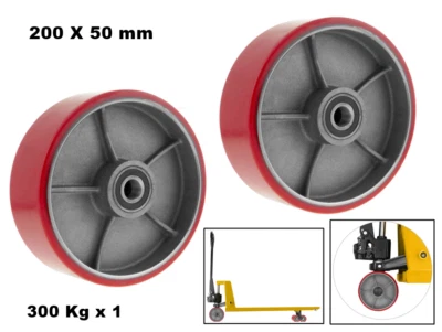 WD SET 2 RUOTE IN METALLO E POLIURETANO SU CUSCINETTI 200X50 mm PER TRANSPALLETT