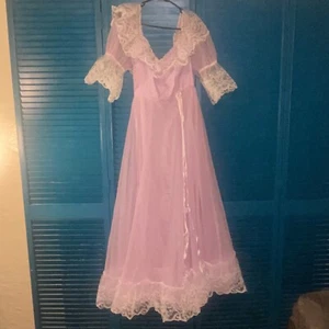 Vtg 70s Dance Allure Womens Chiffon Maxi Dress 12 Lace Lilac Bows Peasant Fairy - Picture 1 of 10
