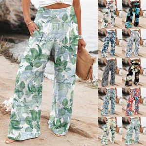 Womens Floral Palazzo Trousers Elastic Waist Bottom Pants Plus Size UK - Picture 1 of 22
