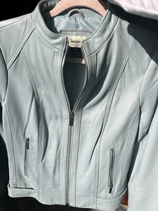 Genuine Leather Biker Scuba Jacket, Baby Blue, Neiman Marcus Large fits Medium - Picture 1 of 5