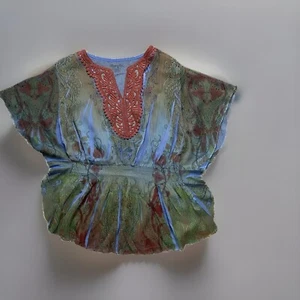 Wrangler Floral Blouse Green Top Womens Large Flutter Sleeve Elastic Waist - Picture 1 of 11